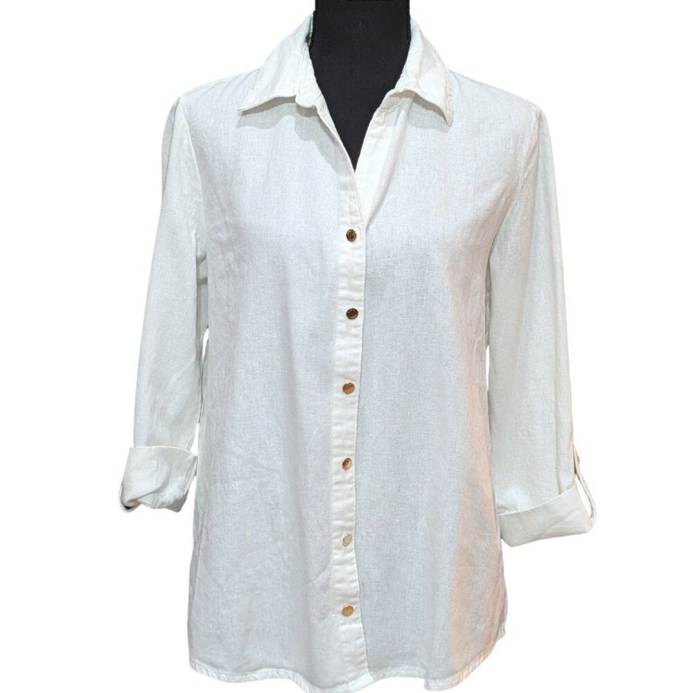 Anne Klein Linen‑Viscose Shirt w/ Gold Buttons — Roll‑Tab Sleeves